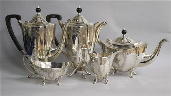 A mid 20th century silver five piece tea and coffee service, Barker Brothers Silver Ltd, Birmingham, 1960, gross 81 oz.
